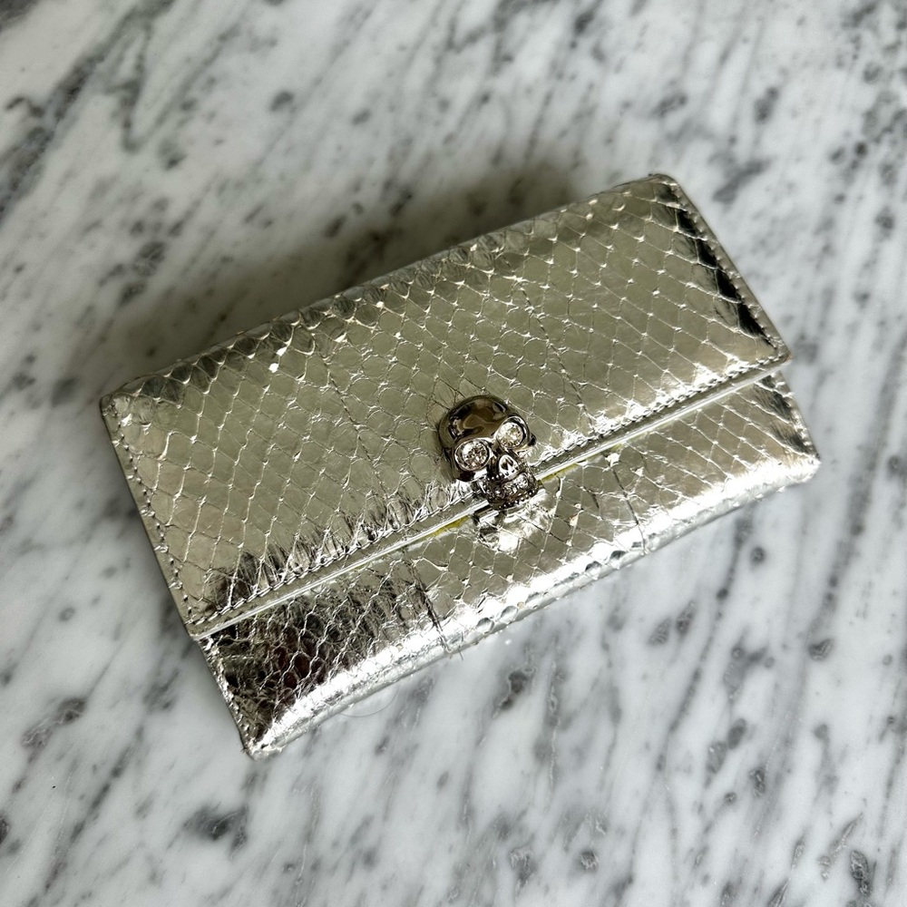 Authentic Alexander McQueen Wallet In Silver Python Snake Skin